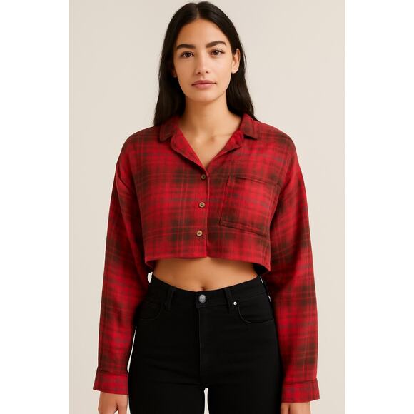 Out From Under Urban Outfitters Red Plaid Cropped Flannel Shirt Size Small - Picture 1 of 5